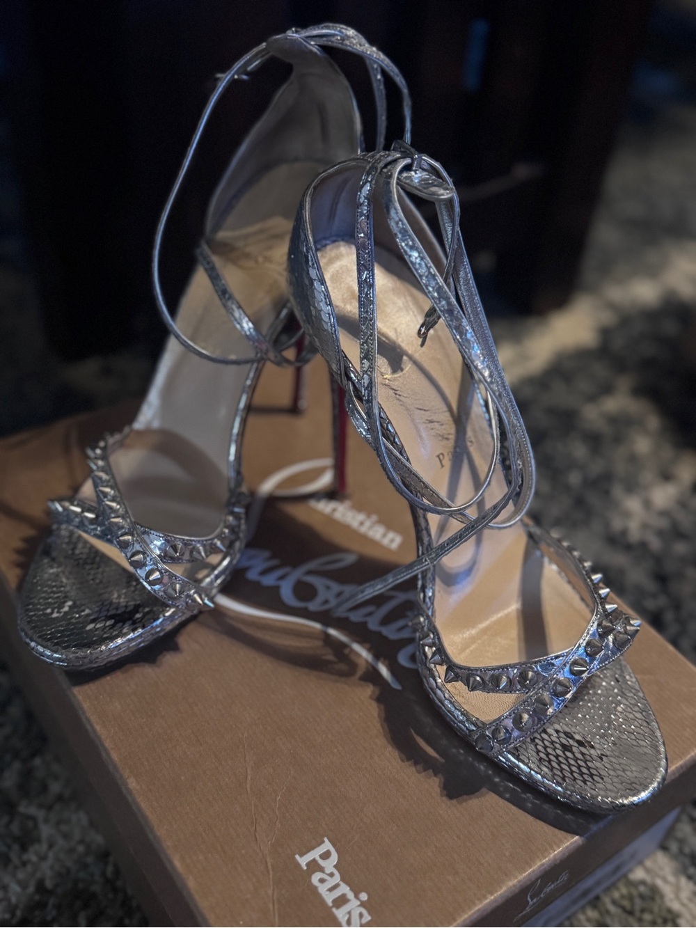 Christian Louboutin Metallic Silver Studded Lace-Up Sandals